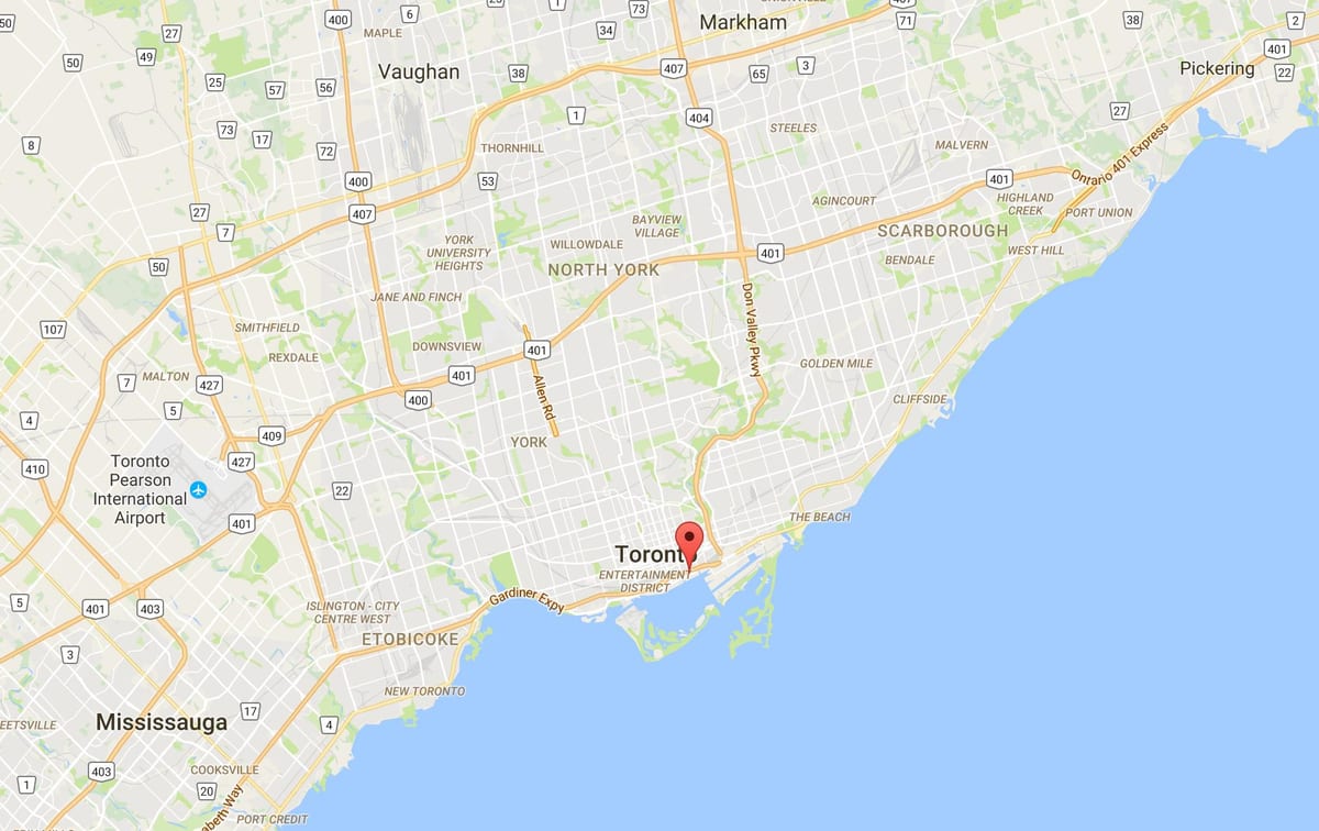 Kart over Øst Bayfront-distriktet Toronto