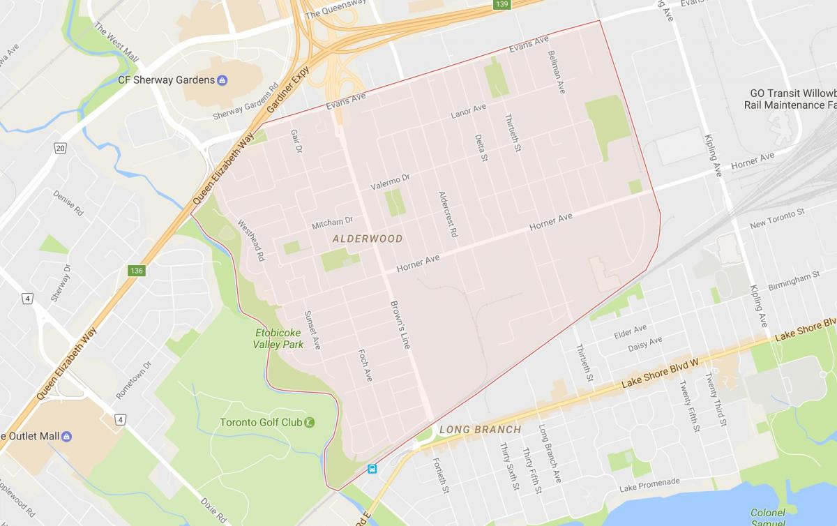 Kart av Alderwood the genesee grande-området i Toronto