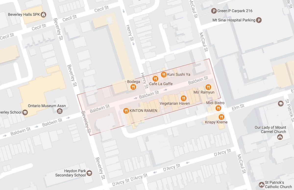 Kart av Baldwin Village-området i Toronto