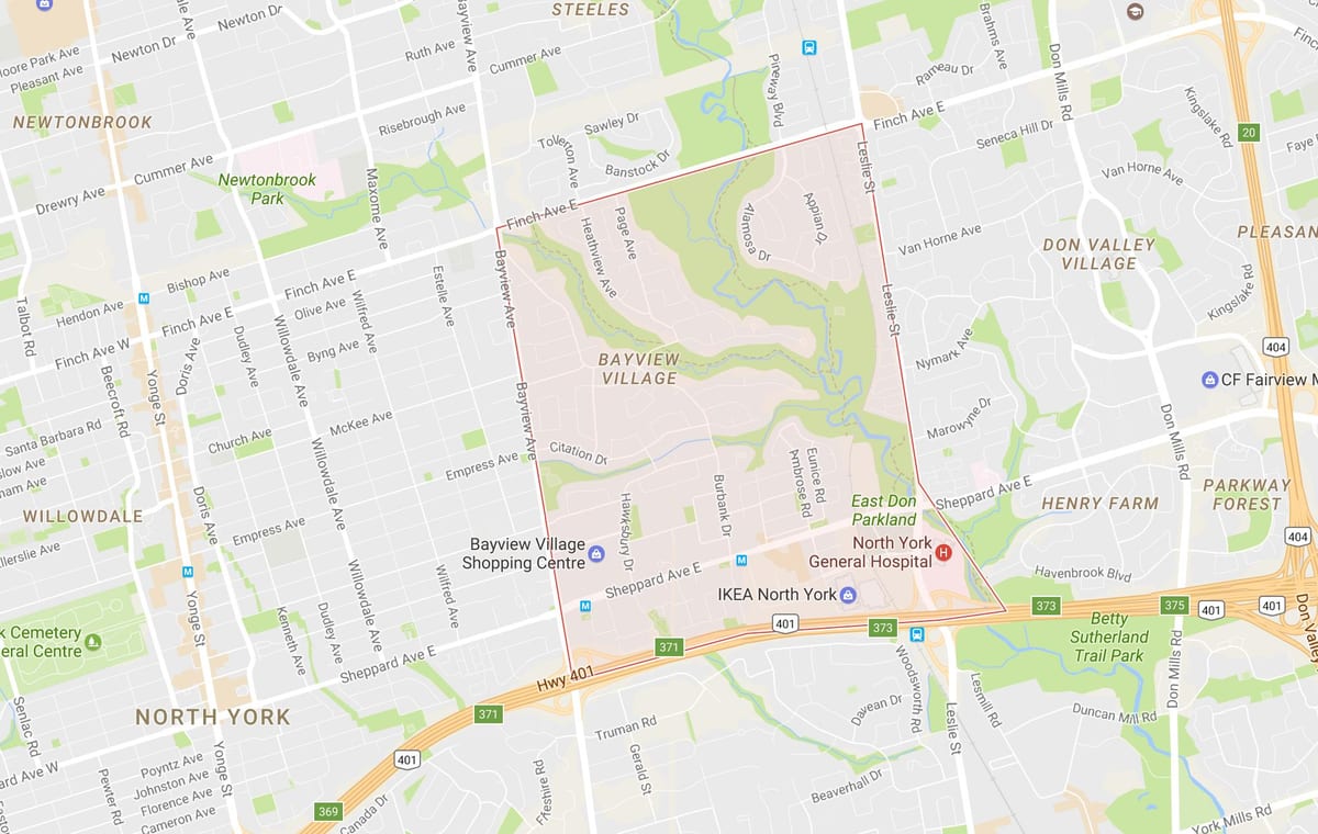Kart over Bayview Village-området i Toronto