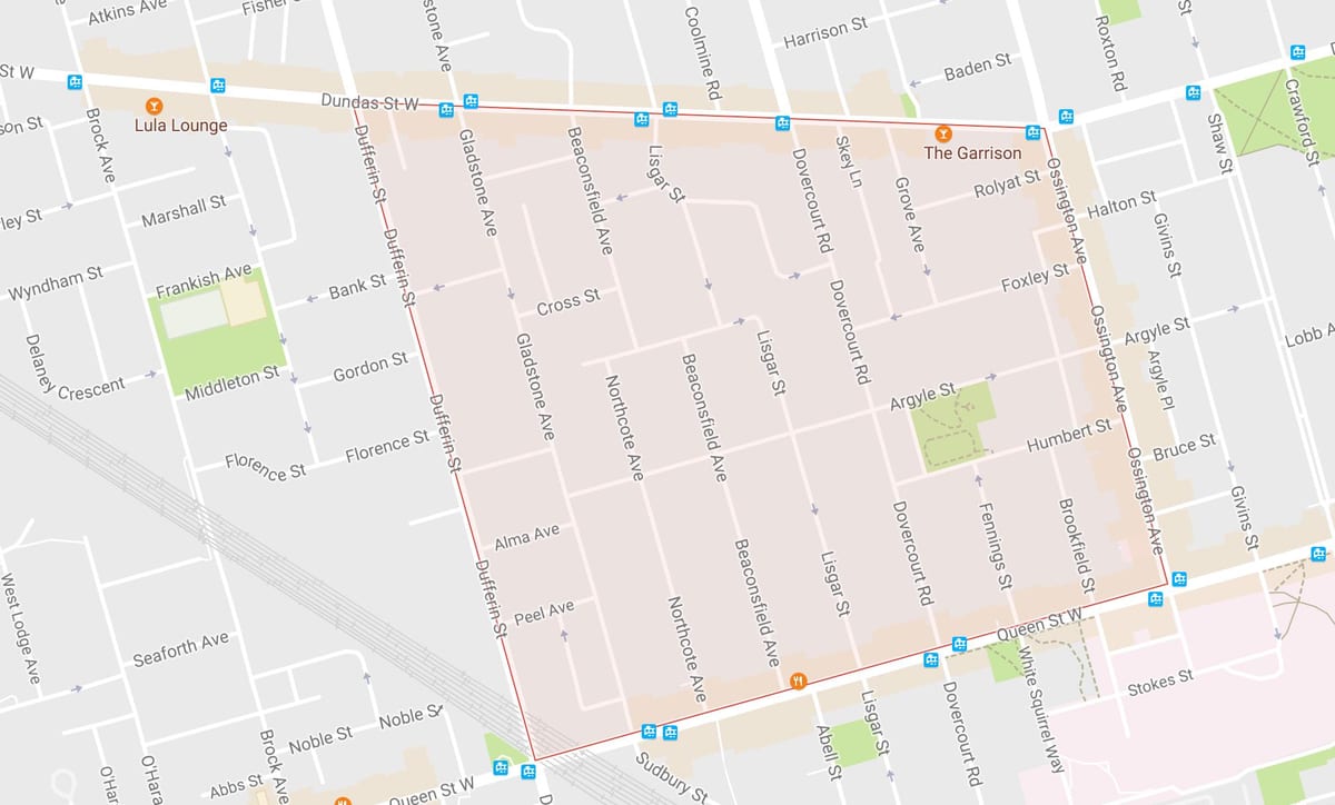 Kart over Beaconsfield Village-området i Toronto