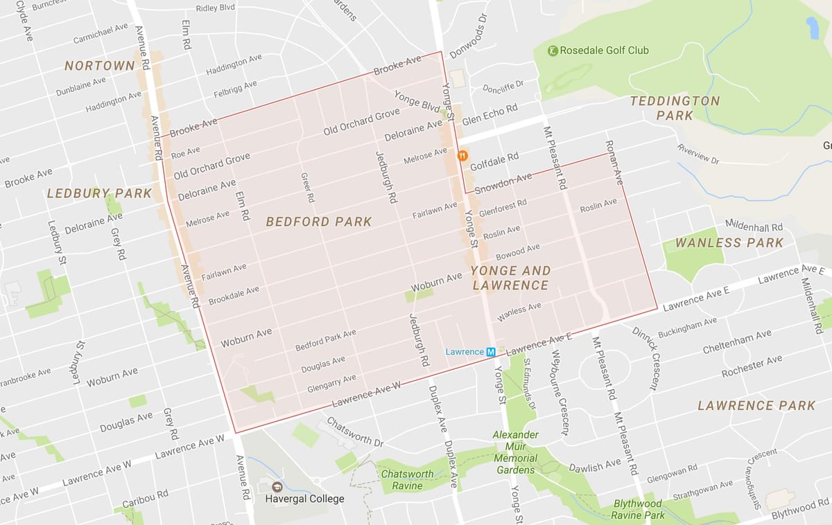 Kart over Bedford Park-området i Toronto