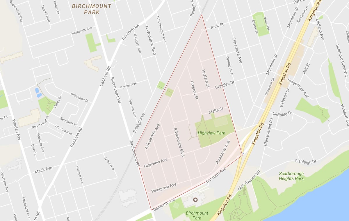 Kart av Bjørk Klippe Heights-området i Toronto