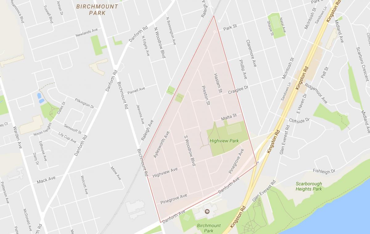 Kart av Bjørk Klippe Heights-området i Toronto
