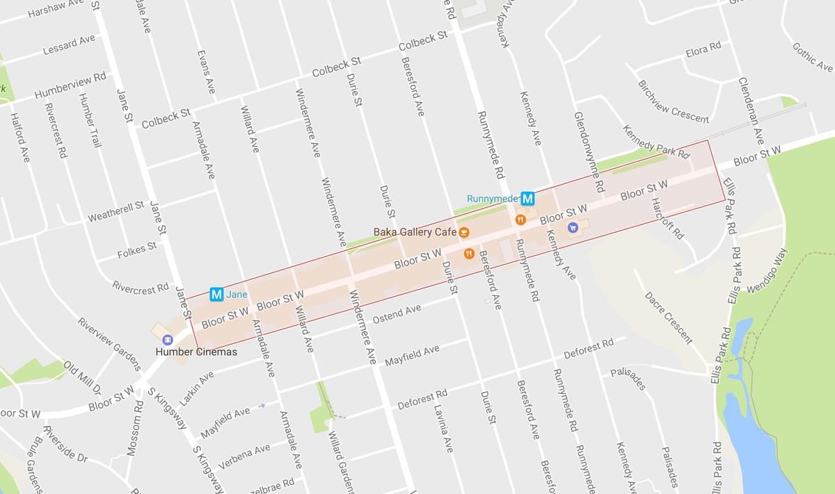 Kart over Bloor West Village-området i Toronto