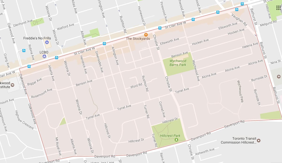 Kart over Bracondale Hill-området i Toronto