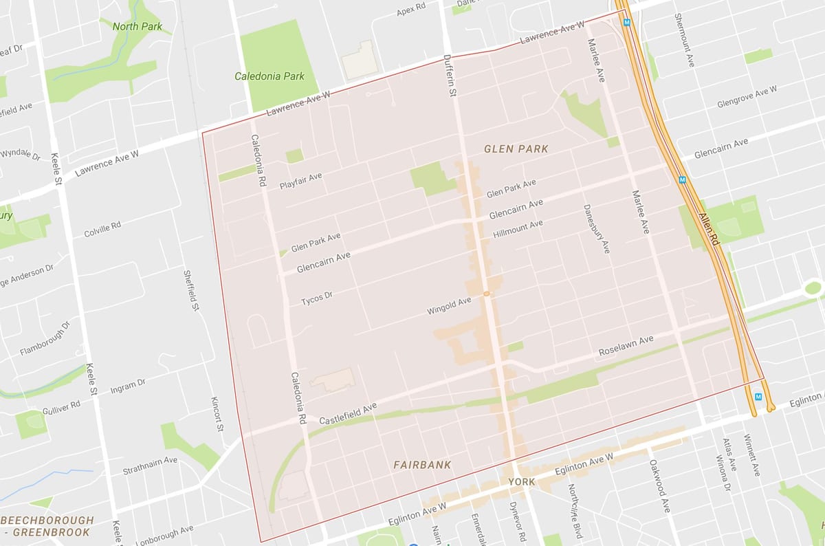 Kart av Briar Hill–Belgravia-området i Toronto