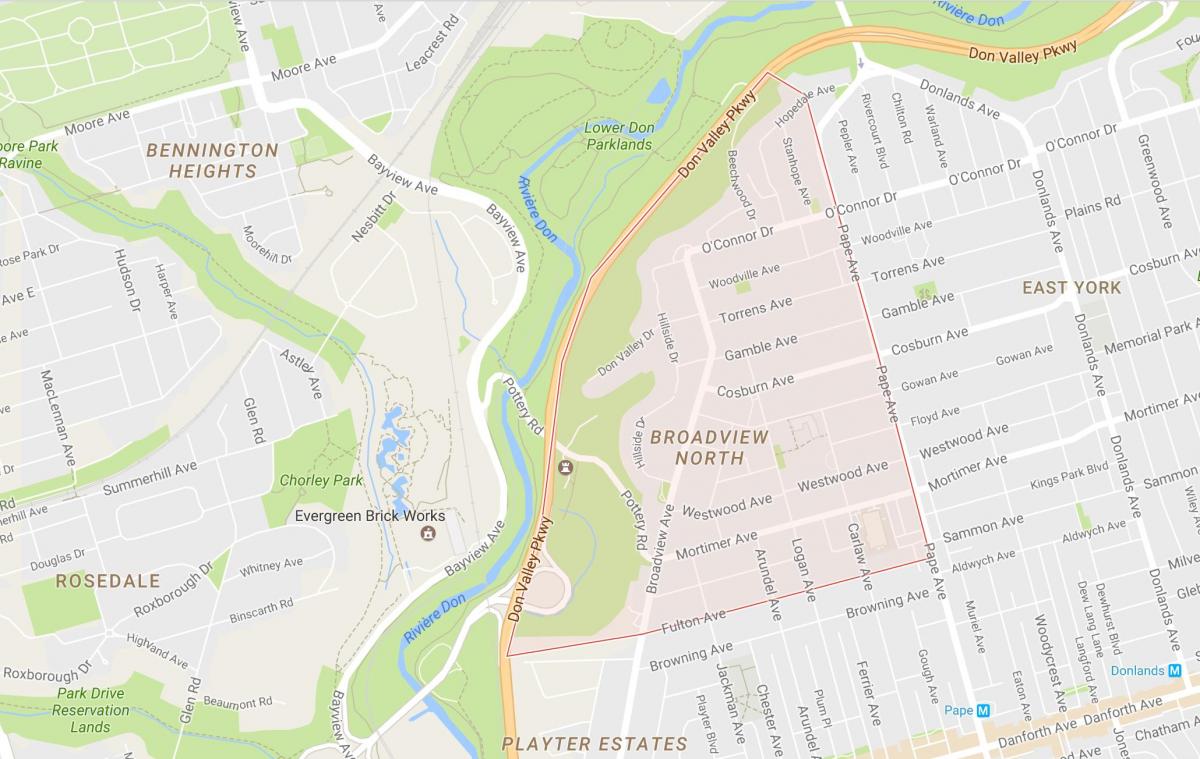 Kart over Broadview Nord-området i Toronto