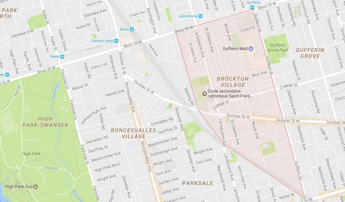 Kart over Brockton Village-området i Toronto