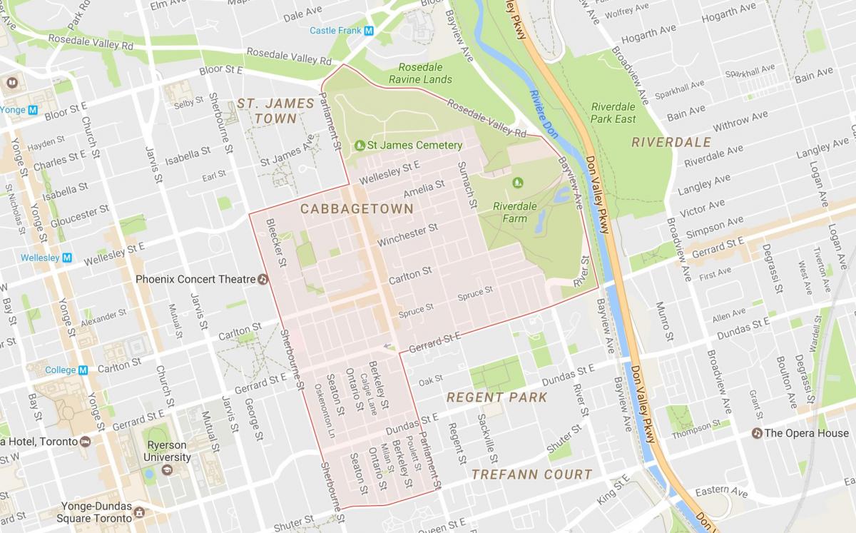 Kart over Cabbagetown-området i Toronto