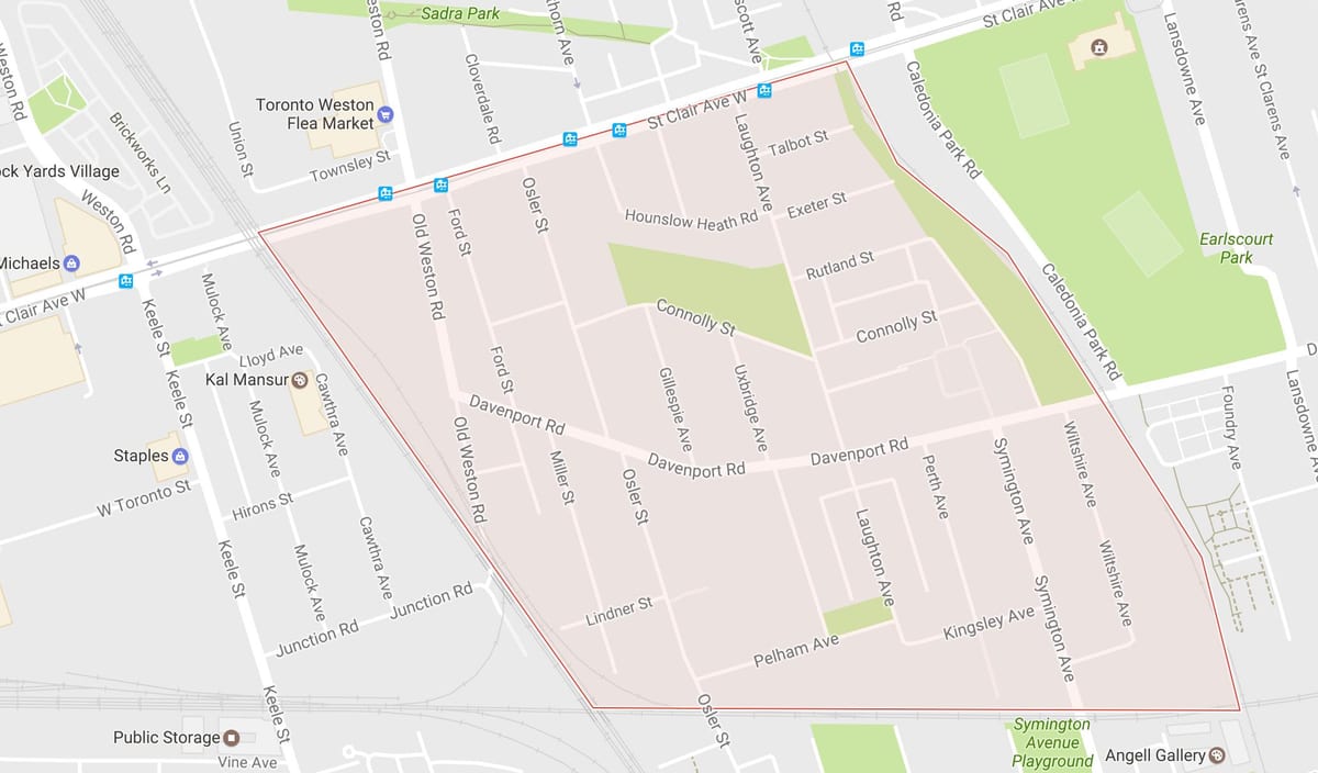 Kart av Carleton Village-området i Toronto
