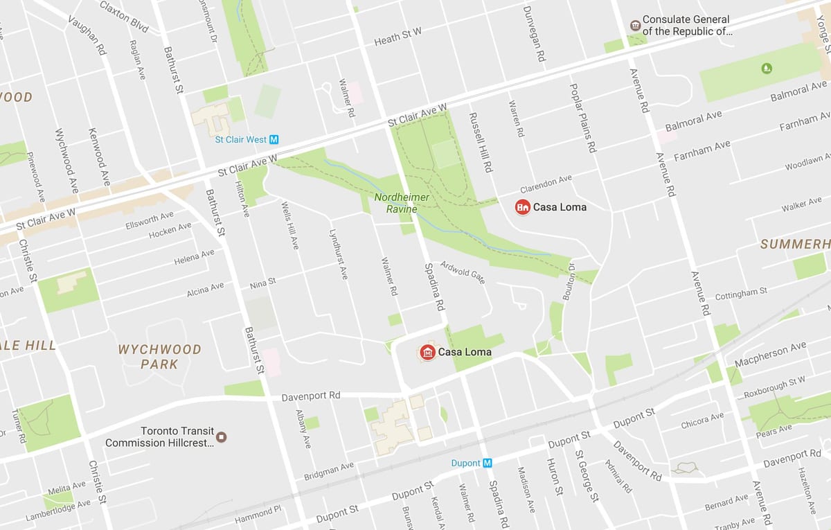 Kart av Casa Loma-området i Toronto