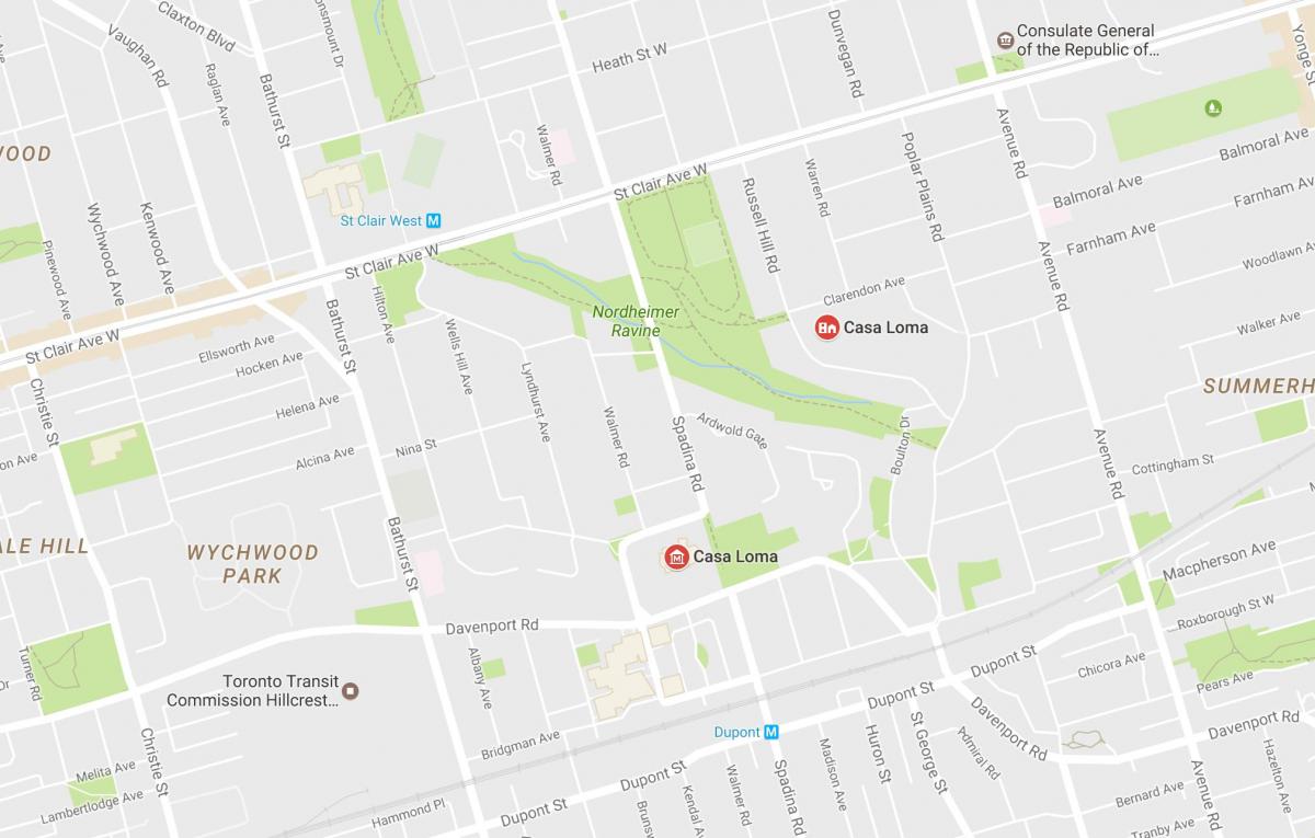 Kart av Casa Loma-området i Toronto