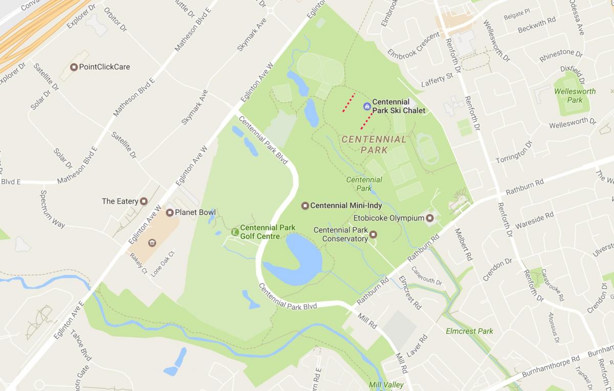 Kart av Centennial Park-området i Toronto