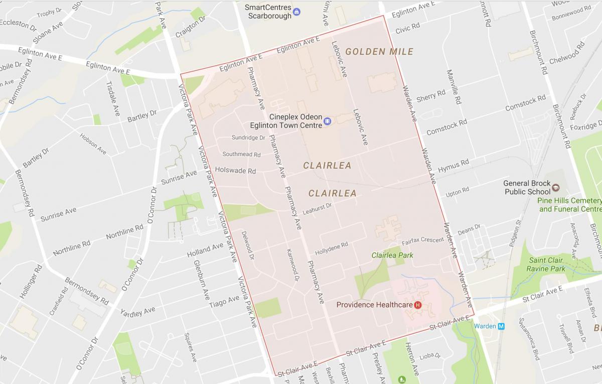 Kart over Clairlea-området i Toronto