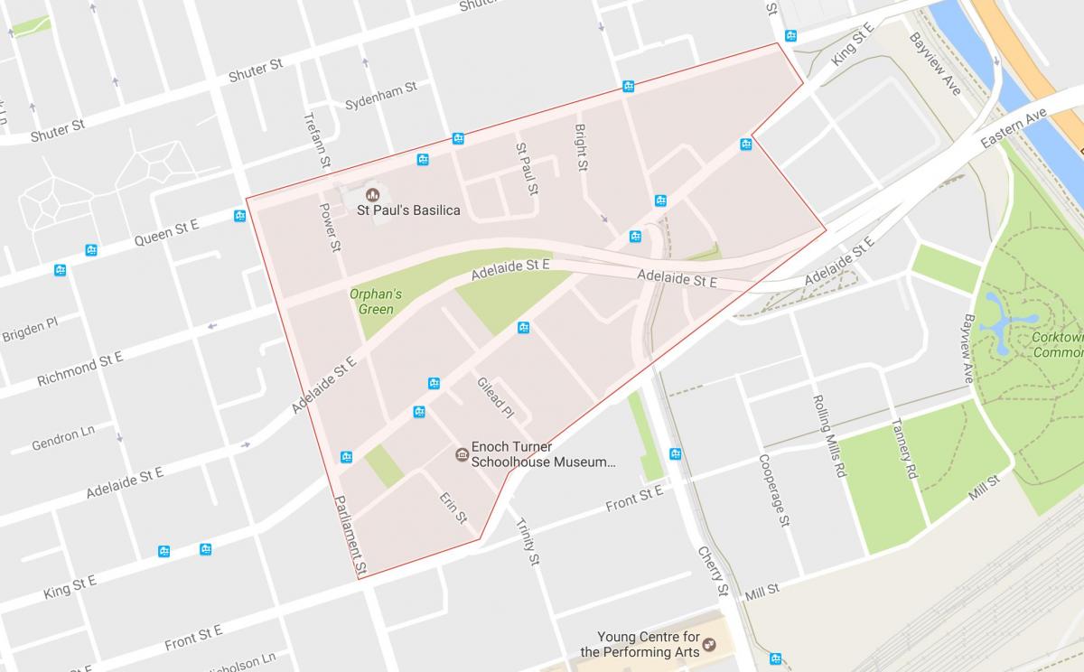 Kart over Corktown-området i Toronto