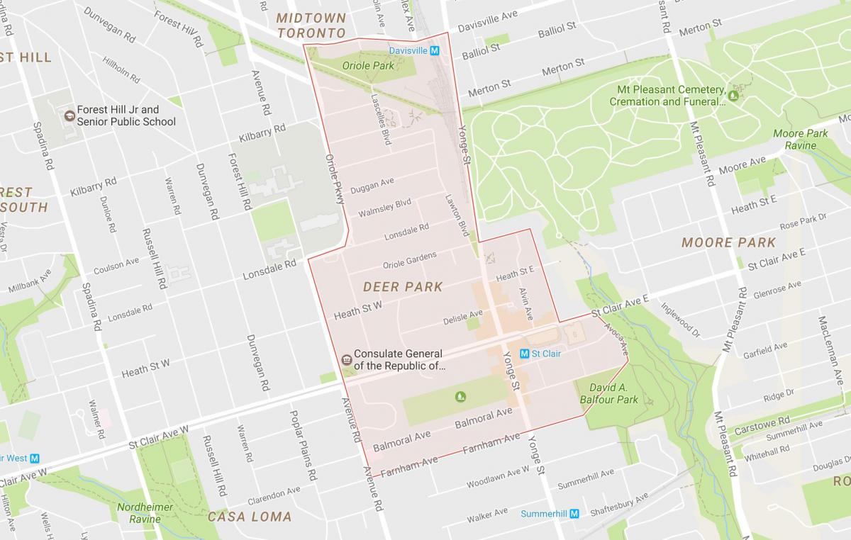 Kart av Deer Park-området i Toronto