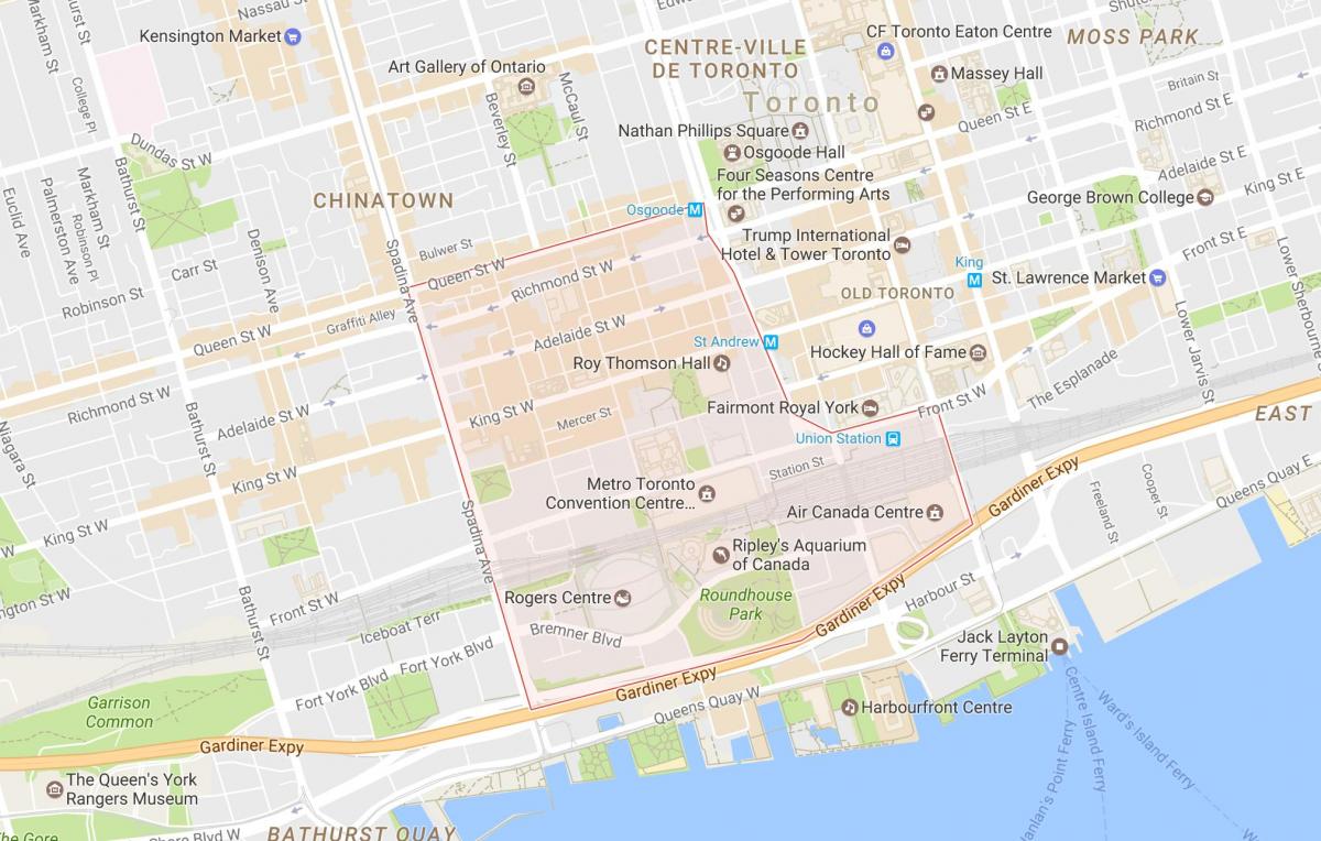 Kart over Entertainment District-området i Toronto