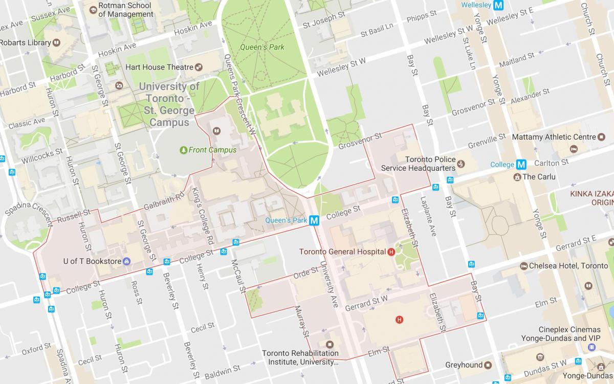 Kart av Discovery-Distriktet-området i Toronto