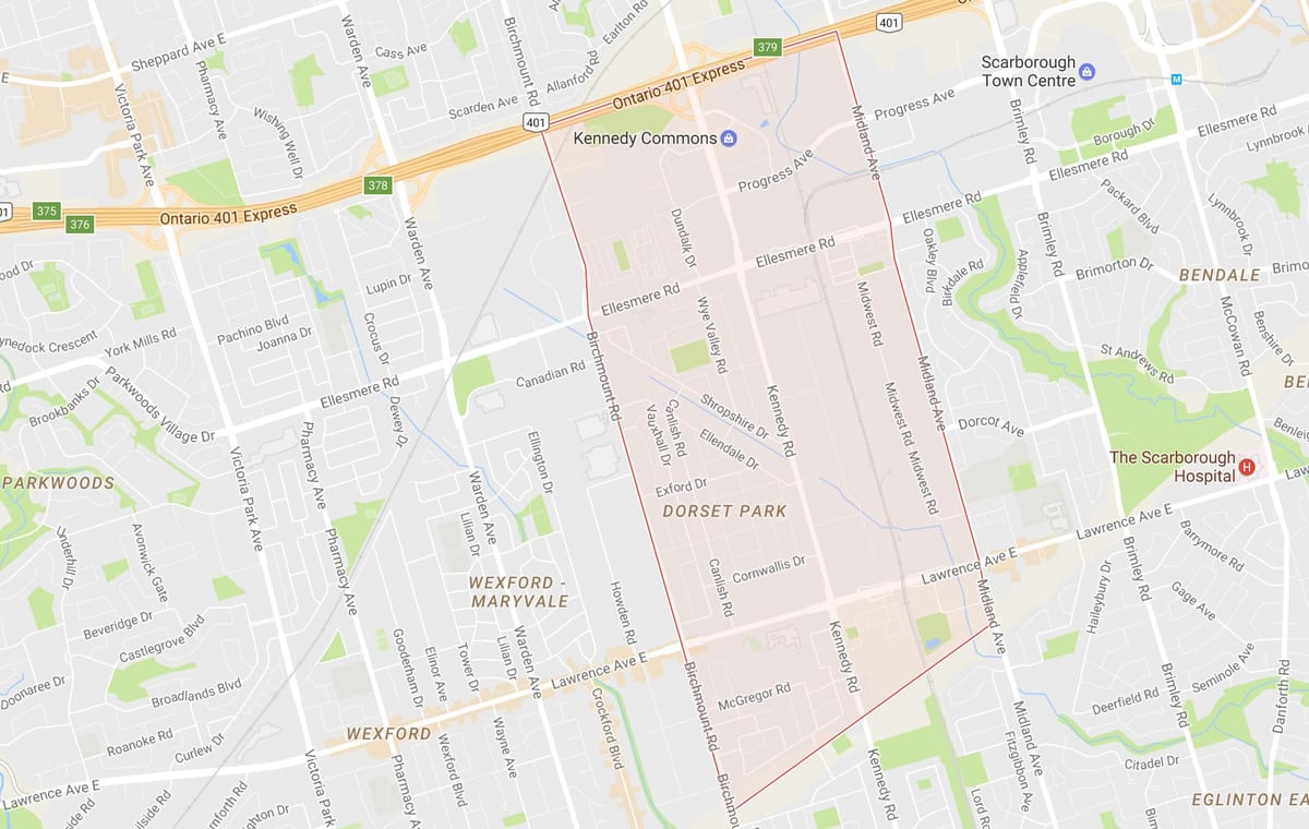 Kart av Dorset Park-området i Toronto