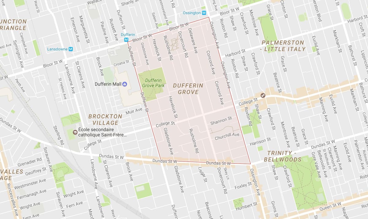 Kart av Dufferin Grove-området i Toronto