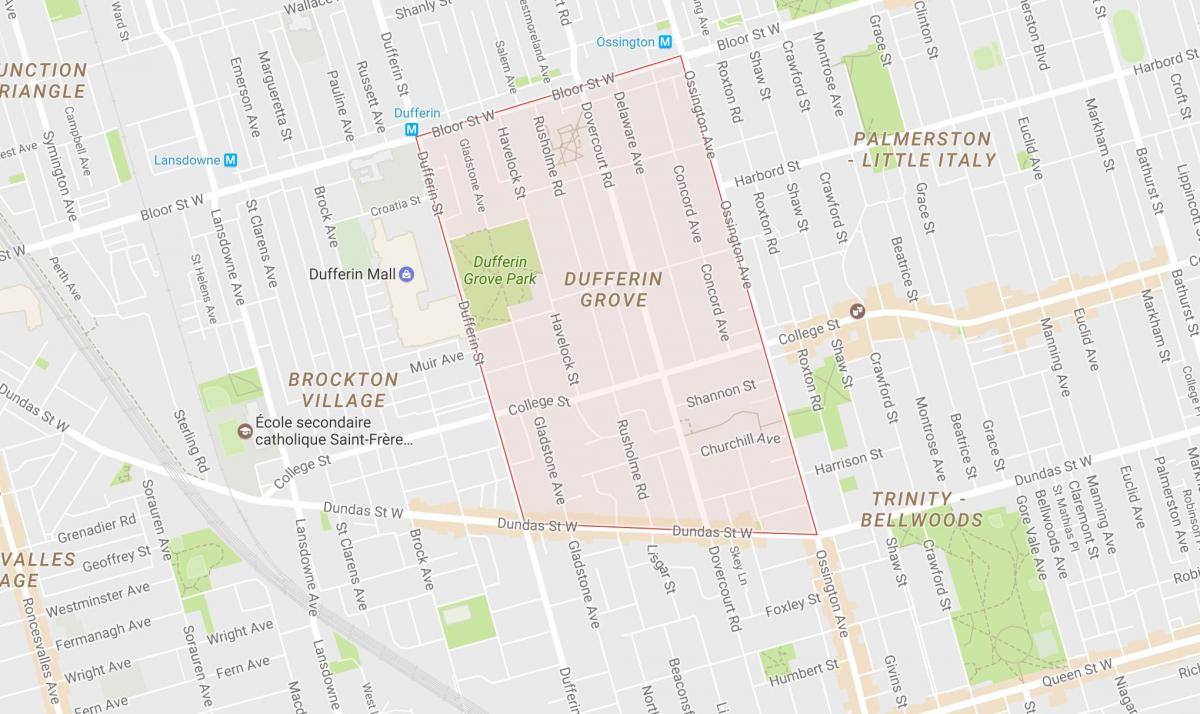 Kart av Dufferin Grove-området i Toronto