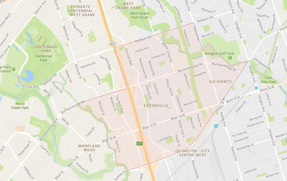 Kart over Eatonville-området i Toronto
