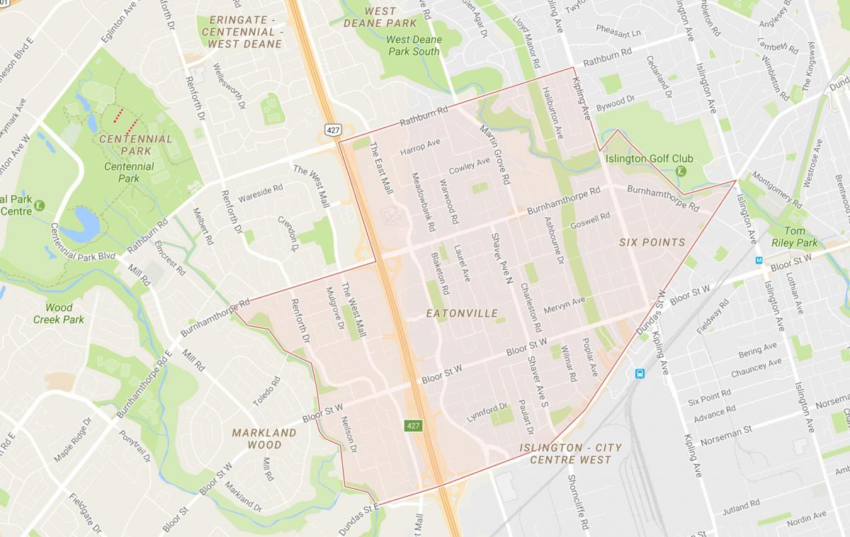 Kart over Eatonville-området i Toronto