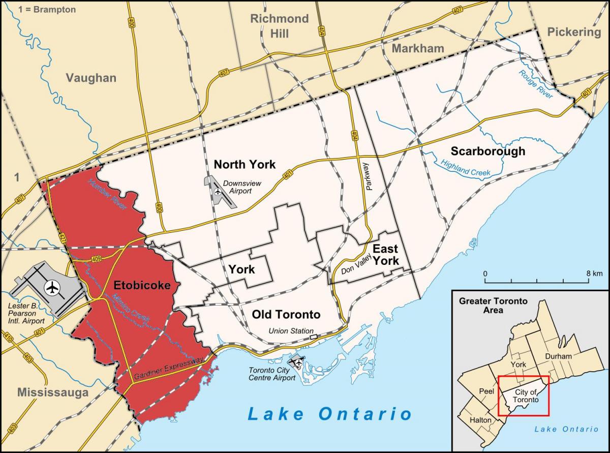 Kart over Etobicoke distriktet Toronto