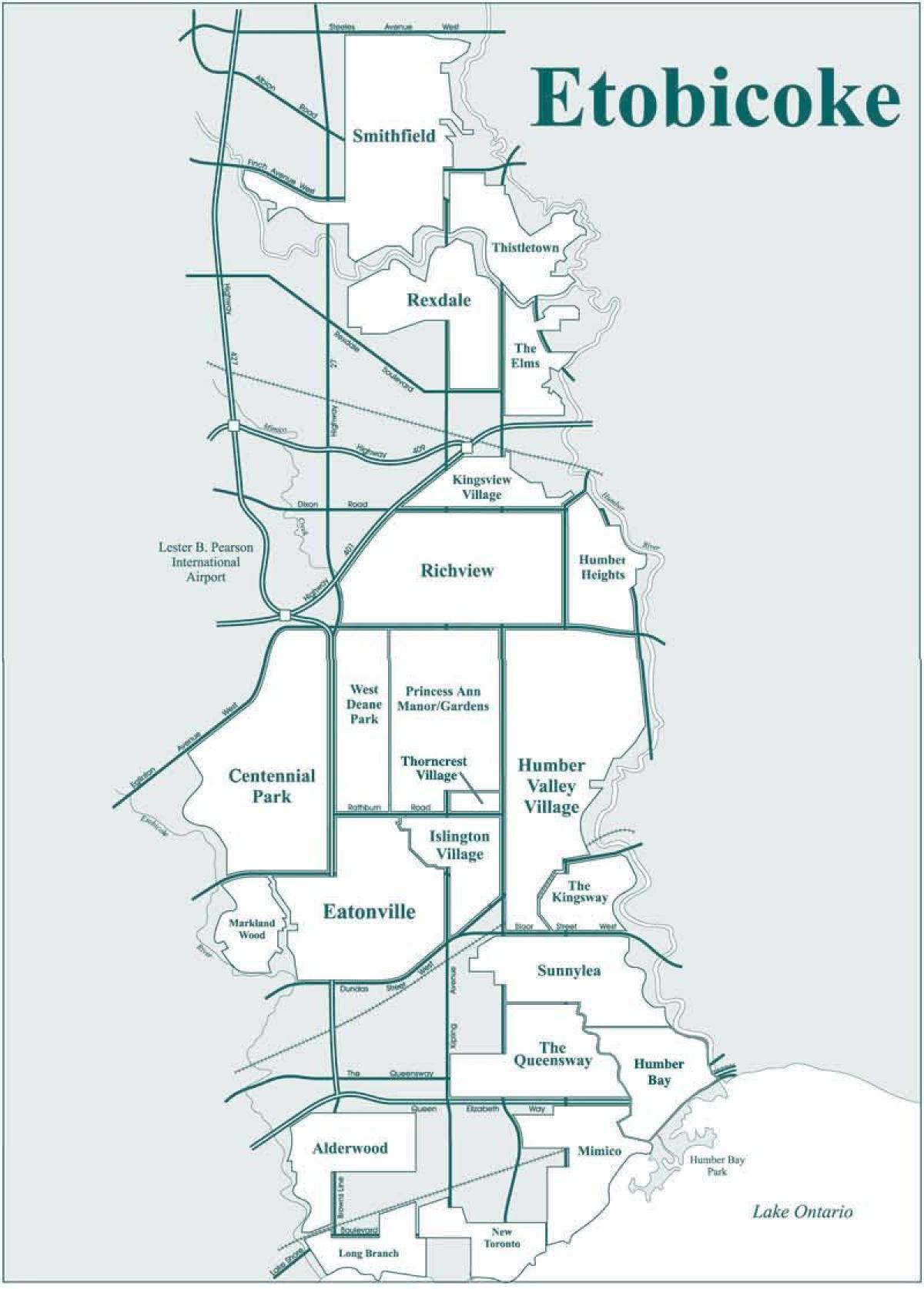 Kart over Etobicoke-området i Toronto