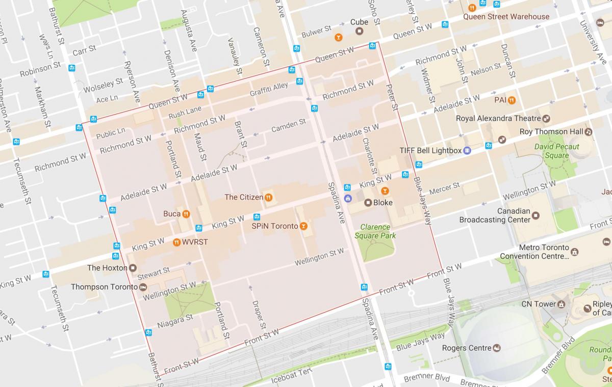 Kart av Fashion District-området i Toronto