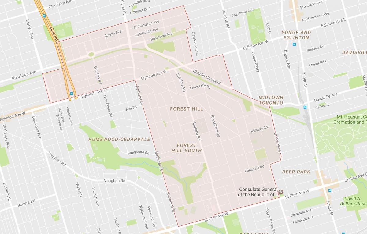 Kart av Forest Hill-området i Toronto