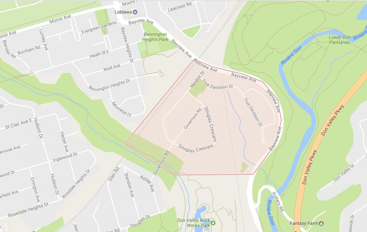 Kart av Governor ' s Bridge-området i Toronto
