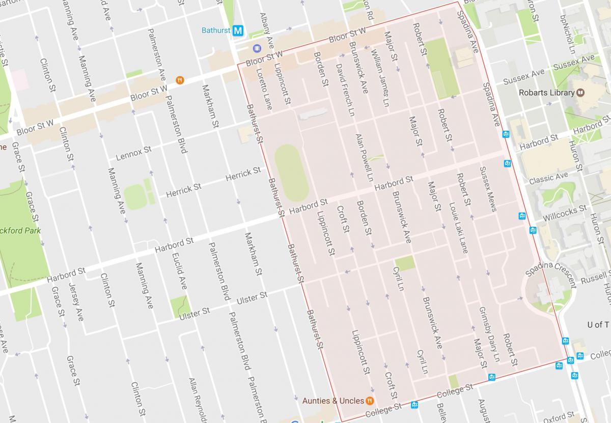 Kart over Harbord Village-området i Toronto