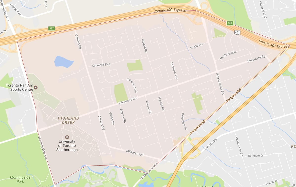 Kart av Highland Creek-området i Toronto
