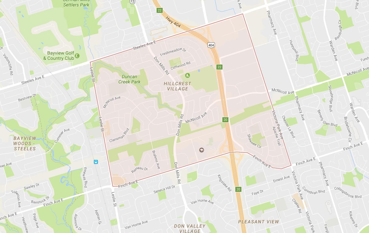 Kart av Hillcrest Village-området i Toronto