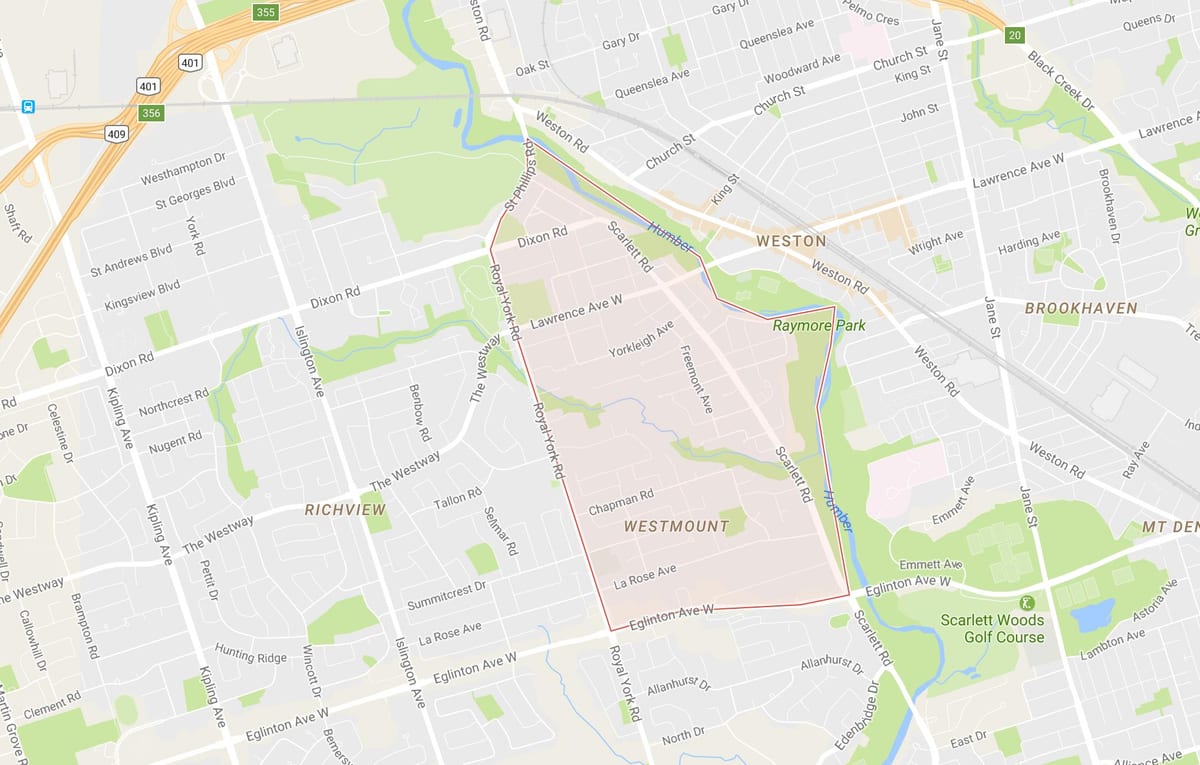 Kart av Humber Høyder – Westmount-området i Toronto