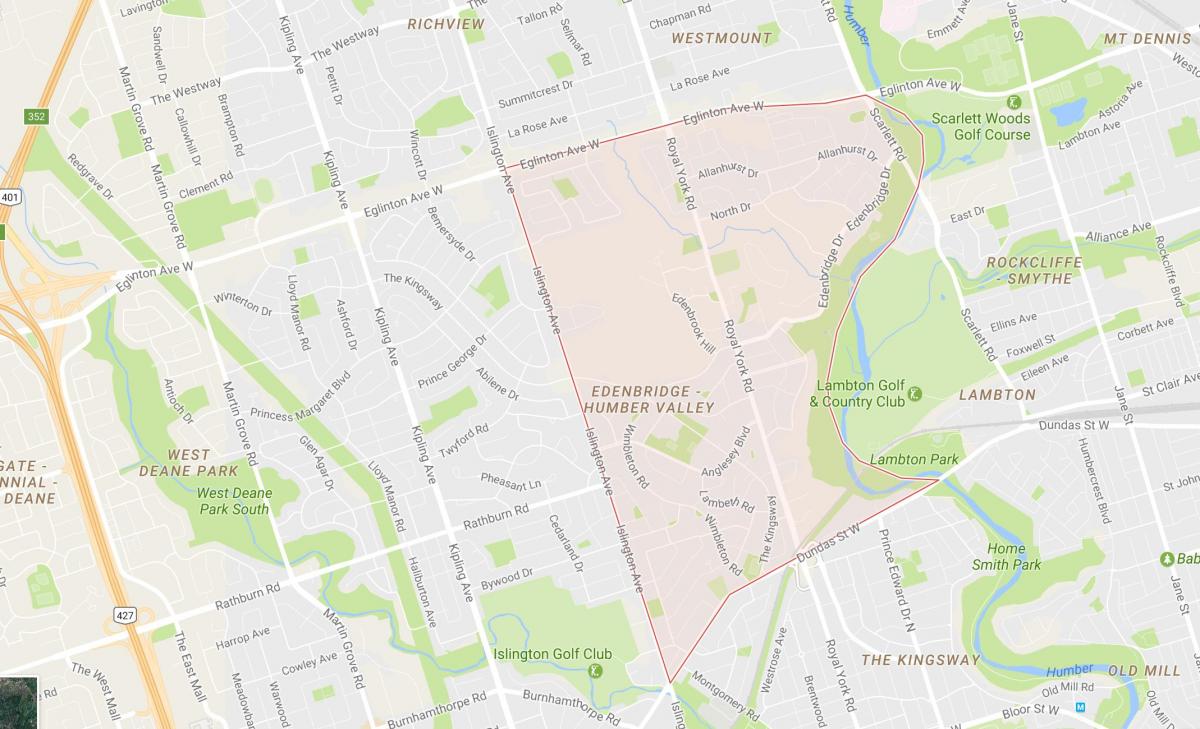 Kart av Humber Valley Village-området i Toronto