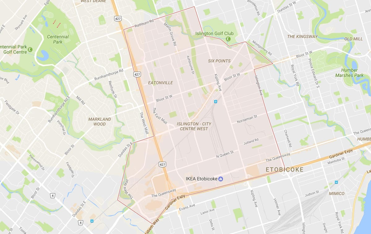 Kart over Islington-City Centre West-området i Toronto