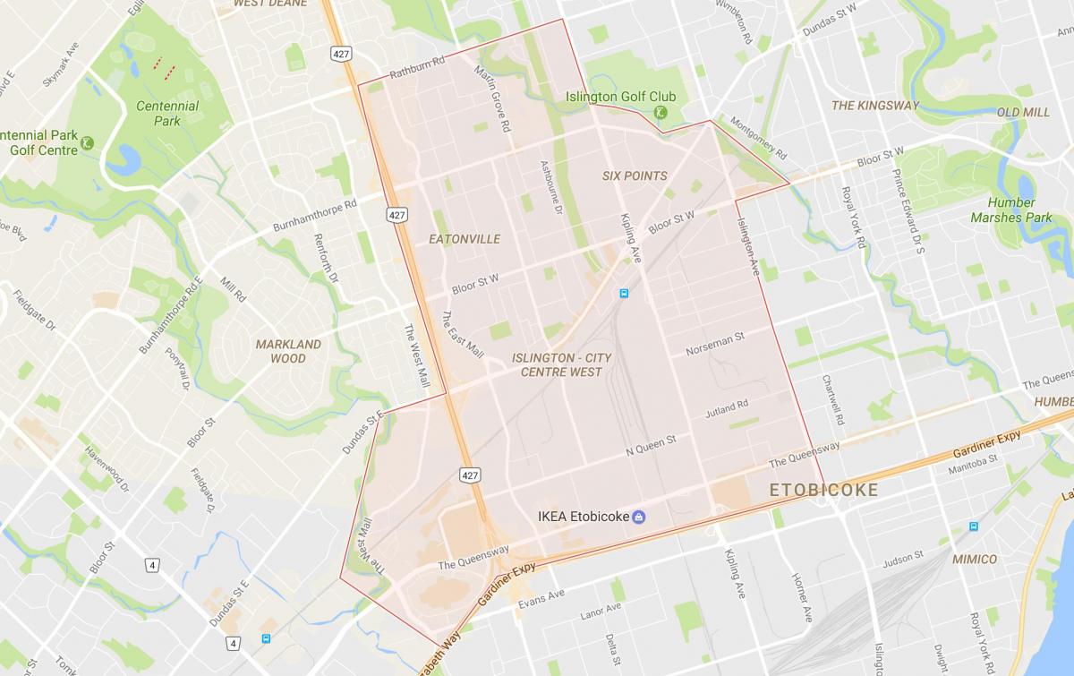 Kart over Islington-City Centre West-området i Toronto