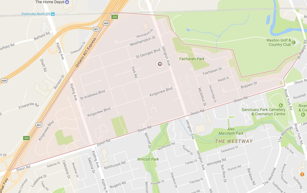 Kart over Kingsview Village-området i Toronto