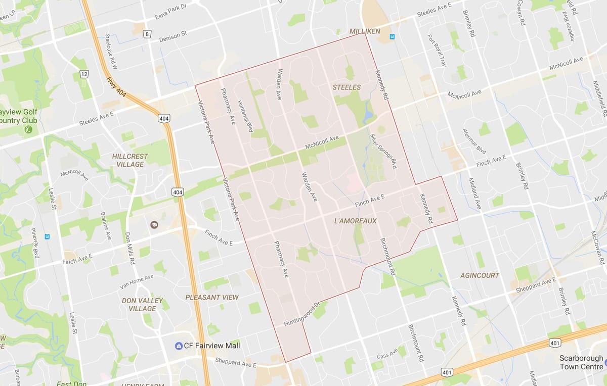 Kart over L'Amoreaux-området i Toronto