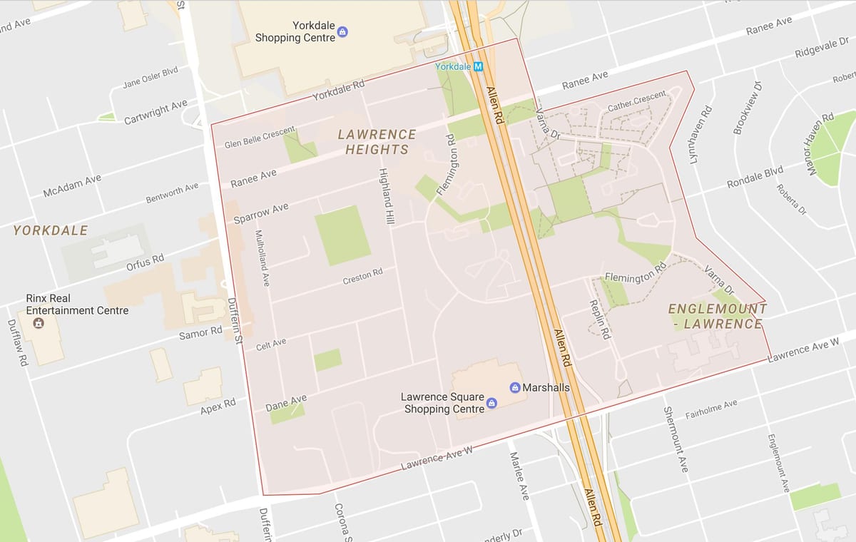 Kart av Lawrence Heights-området i Toronto