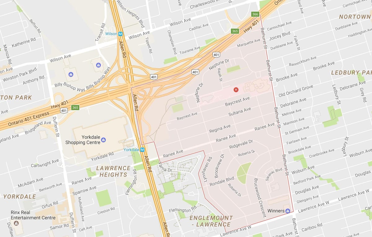 Kart av Lawrence Manor-området i Toronto