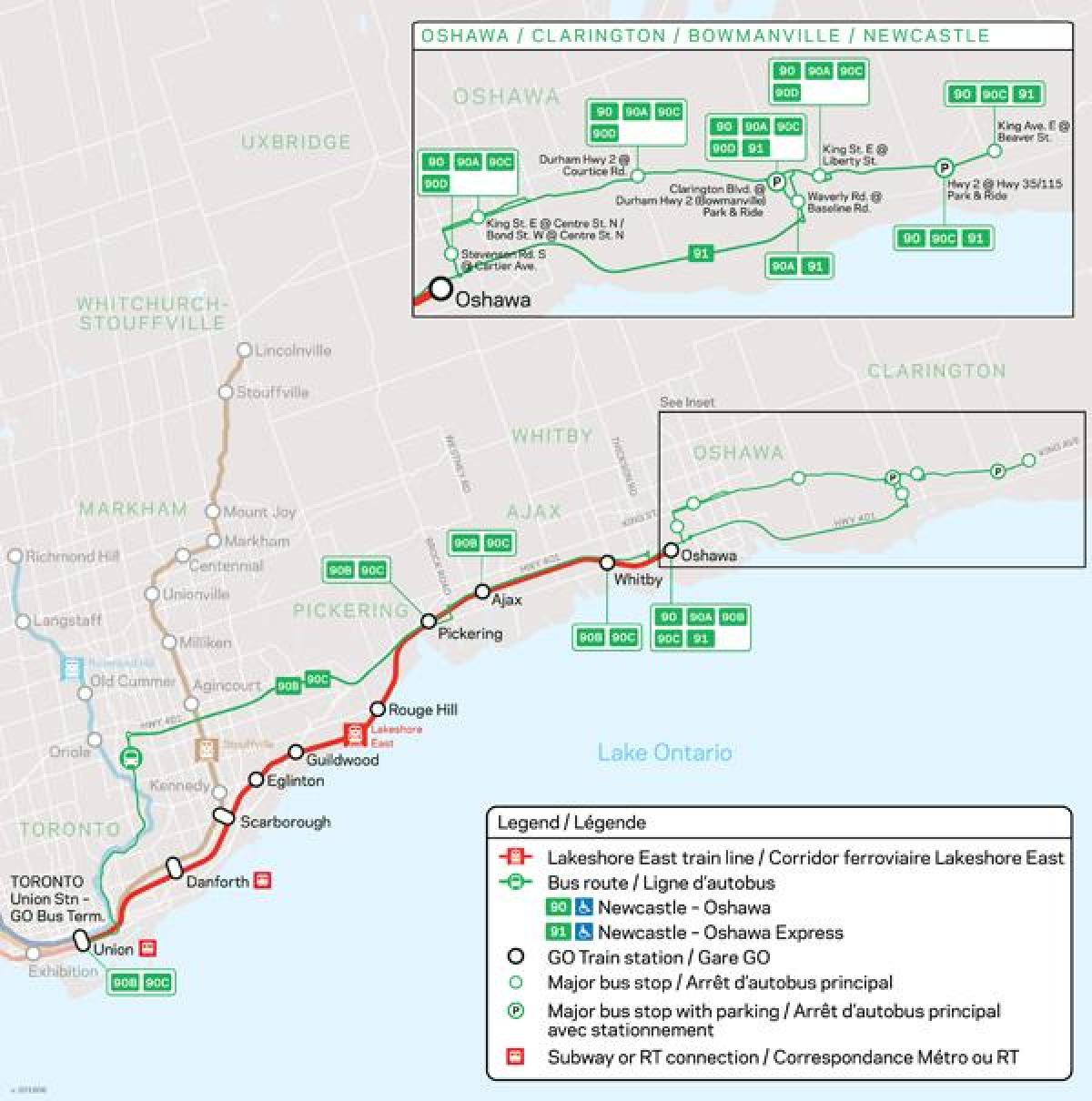 Kart over linje Lakeshore Øst Går Transitt