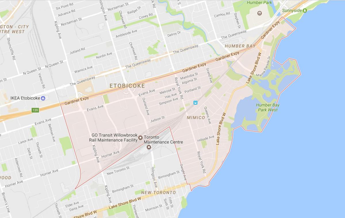 Kart over Mimico-området i Toronto