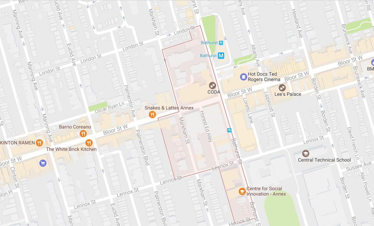 Kart over Mirvish Village-området i Toronto