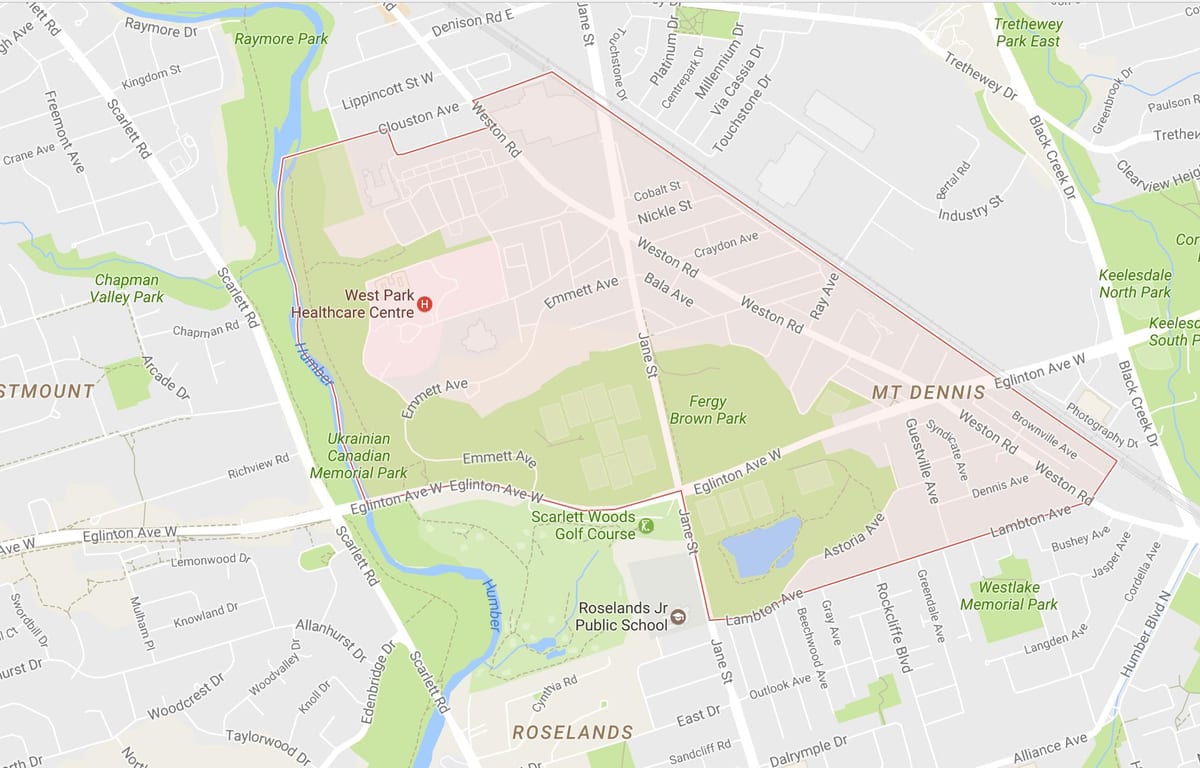 Kart av Mount Dennis-området i Toronto
