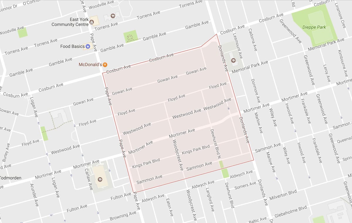 Kart over Pape Village-området i Toronto