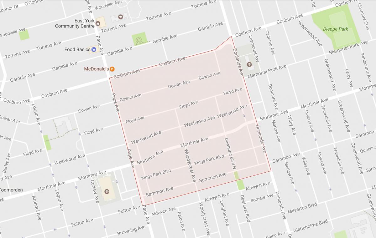 Kart over Pape Village-området i Toronto